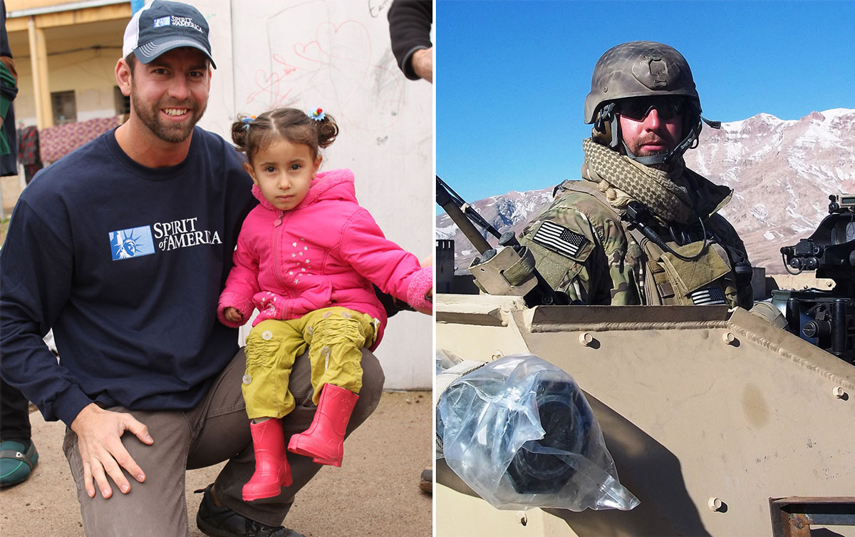 SoA's Chris Clary, shown above helping children who escaped ISIS, is currently deployed to Afghanistan for the third time with the US Army