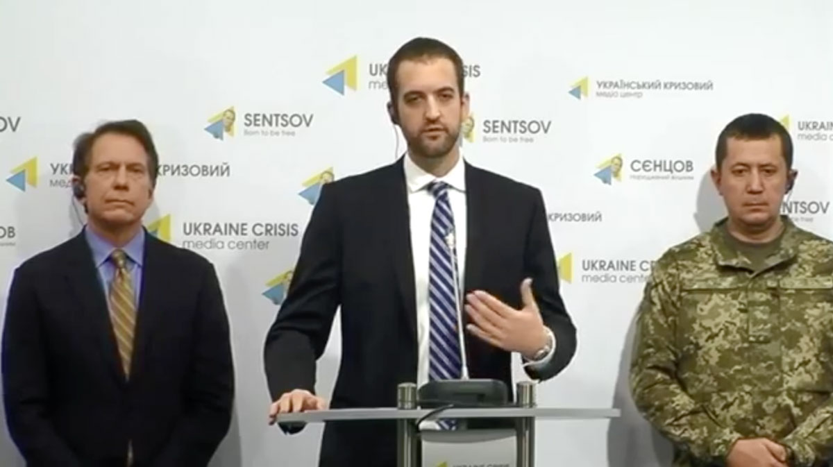 SoA's Isaac Eagan speaking at a press briefing in Ukraine today