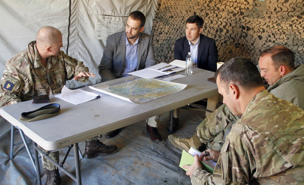 UK Brigadier Frazer Lawrence, Deputy Commanding General of the US Army’s 1st Armored Division, speaks with SoA’s Isaac and Chris during Exercise Iron Forge (courtesy Abigail Meyer).